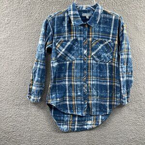 Women Buffalo Plaid Flannel Shirt XS Blue Yellow Classic Fit Casual Cozy Outdoor